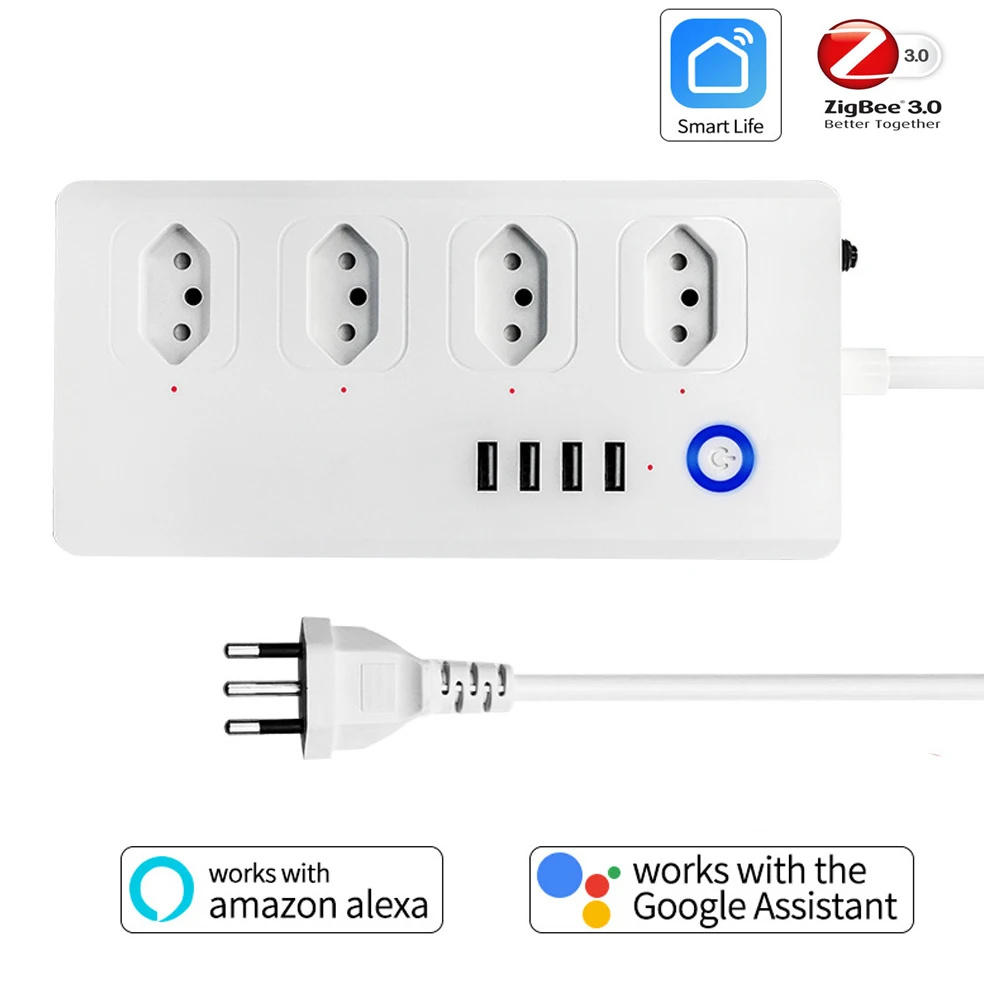 WiFi Smart Power Strip Brazil Outlets ZigBee Plug Type-N Plug with 4USB Remote Control Work with Alexa Google Home Free shipping