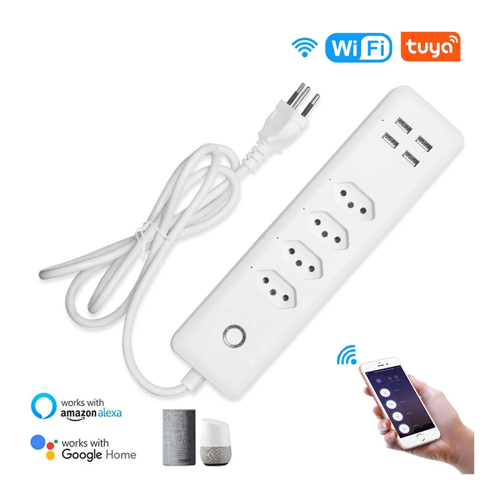 WiFi Smart Power Strip Brazil Plug 4 Outlets 4 USB Ports Outlets Work with Alexa Google Home Tuya Remote Control Power Strip